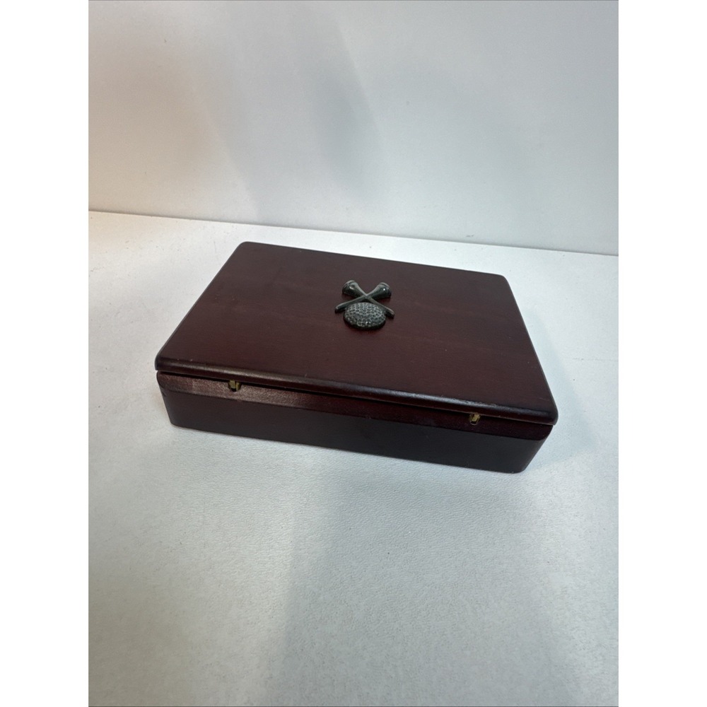 VTG Wood Box Set of 2 Golfer themed Playing Card Decks Sealed Pewter Ball On Lid - Picture 5 of 10